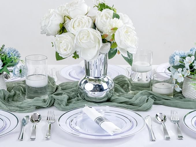 50Guests Pre Rolled Silver Plastic Silverware Sets - Heavy Duty Silver Cutlery - Include 50 Pack Wrapped Disposable Utensils with Napkins for Parties & Dinners & Weddings