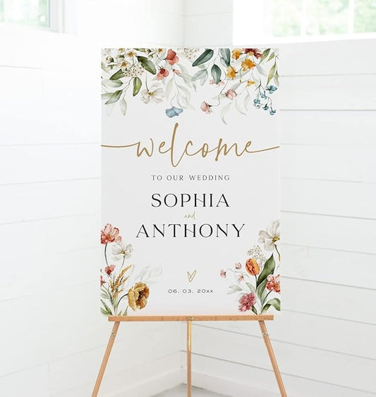 Generic Floral Wedding Welcome Sign, 18x27 inches, Plastic, 4 mm Thick, Tabletop/Hanging Mount, Includes Stand