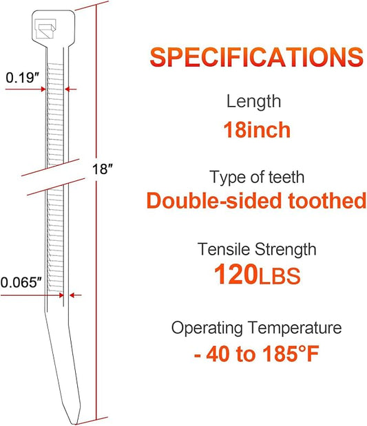 18 Inch Zip Ties Double Sided Toothed,120 LBS Tensile Strength Heavy Duty Cable Wire Ties With Self-Locking Adjustable More Durable Nylon Tie Wraps for Indoor Outdoor White（100 Pack）