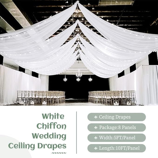 8 Panels White Wedding Ceiling Drapes 5ftx10ft Ceiling Drapes Chiffon Fabric Arch Draping Sheer Curtains Soft Drapery Draping Wedding Ceiling Decorations for Party Ceremony Stage Swag