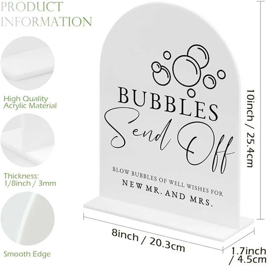 White Arch Acrylic Wedding Sign- 8"x10" Bubbles Send Off Sign and Base,1/8" Thick | Modern Calligraphy Arched Acrylic Signs for Wedding & Party