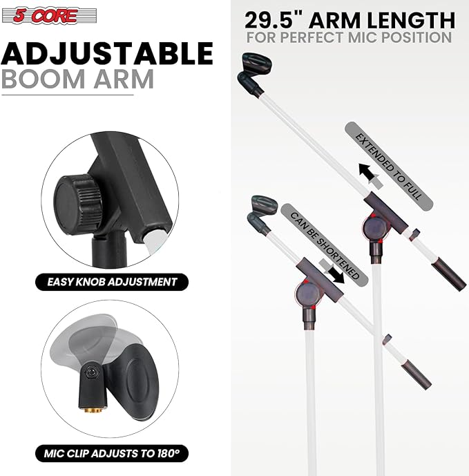 5 Core Tripod Mic Stand Floor Adjustable 18 to 72 Inches Sturdy Boom Arm Holder Microphone Stands Pedestal Para Microfono for Singing - MS 080 WH