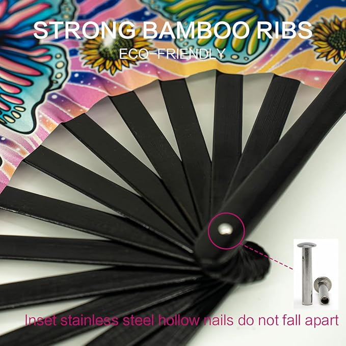 13" Large Rave Fan Bamboo, Folding Clack Hand Fans Foldable for Men Women, Boots on the Ground Poping Fan for EDM Festival Line Dance Decoration, (Butterfly, Large 13")