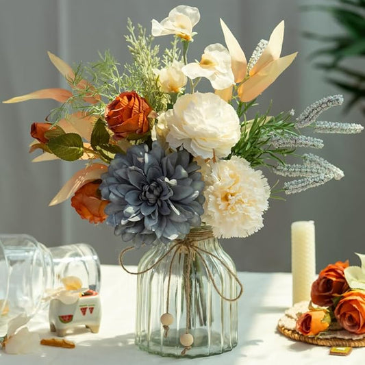 LESING Dahlia Flower Aritificial Flower with Vase Fake Silk Flowers in Glass Vase Faux Rose Flowers Arrangement for Home Office Table Centerpiece Decoration (Blue)