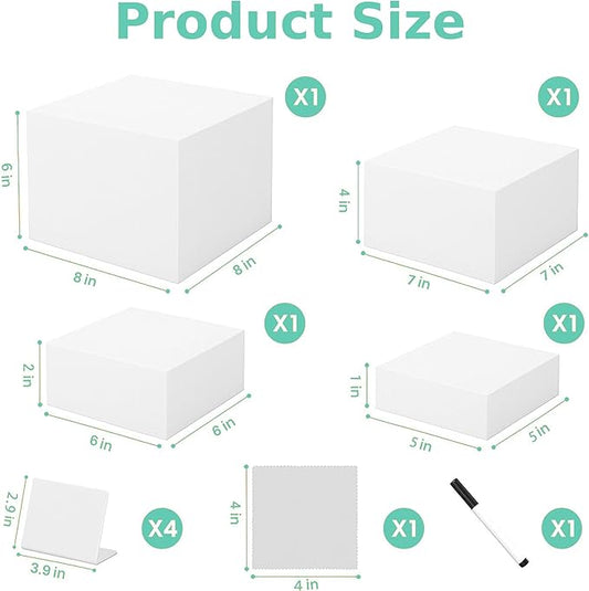 Buffet Risers 4-Pack – White Acrylic Cube Display Stands, Seamless Thick Acrylic Table Risers with Mini Sign Kit, Nesting Dessert, Party, Charcuterie & Retail Displays