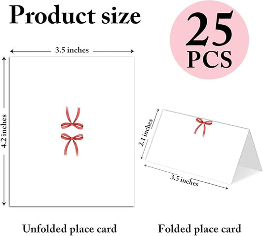 25 Pack Red Bow Place Cards, Editable Name Cards for Table Setting, Cute Tent Cards Food Label for Dinner Party, Bridal Shower, Wedding, Baby Shower and Events -T33