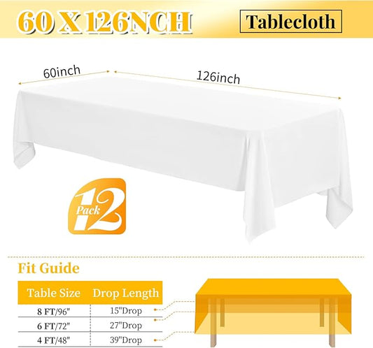 12 Pack 60 x 126 Inch Tablecloth Rectangle, White Rectangle Tablecloth Polyester Tablecloth for 8 Ft Rectangle Tables, Washable Fabric Table Cover for Wedding Party Dining Buffet Parties or Camping