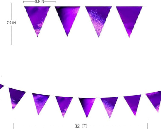 Purple Party Decorations Triangle Pennant Banner Flag Dark Purple Metallic Fabric Bunting Garland for Graduation Wedding Bridal Shower Birthday Anniversary Holiday Halloween Disco Party Supplies