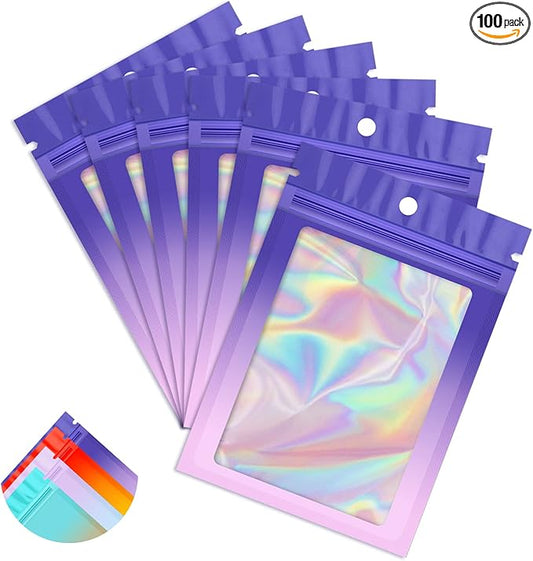 Funfery 100 Pack Holographic Bags,Mylar Resealable Bag with Zipper,Clear Window Packaging Pouch,Foil Bags for Food Storage,Sample Jewelry Baggies(4×6in,Purple Pink)