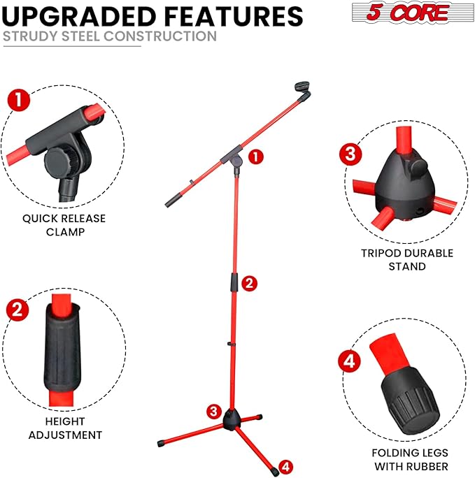 5 Core Tripod Mic Stand Floor Adjustable 18 to 72 Inches Sturdy Boom Arm Holder Microphone Stands Pedestal Para Microfono for Singing - MS 080 RED