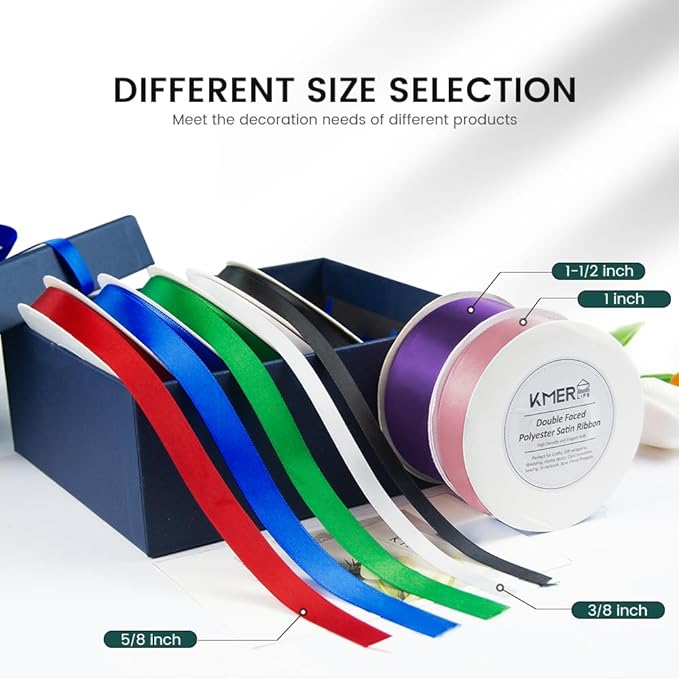 KMER LIFE 3/8 inch x 25 Yards Double Faced Polyester White Satin Ribbon, Perfect for Gift Wrapping Very Suitable for Weddings Party Hair Bow Invitation Decorations and More