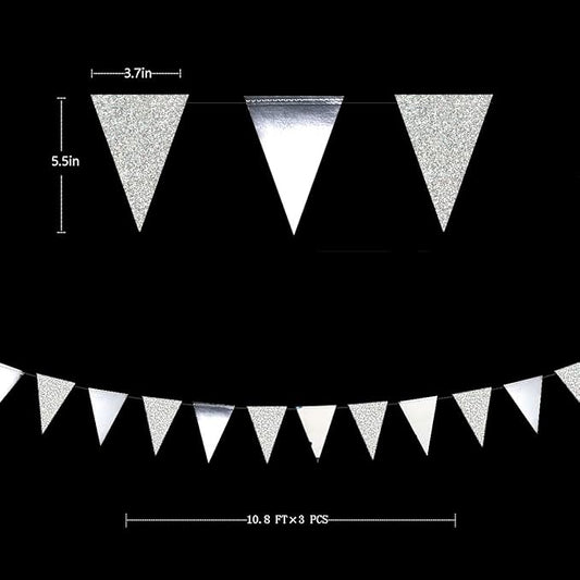 30 Ft Silver Party Decorations Glitter Metallic Paper Triangle Banner Flag Garland Pennant Bunting for Graduation Wedding Engagement Anniversary Bachelorette Birthday Baby Bridal Shower Party Supplies
