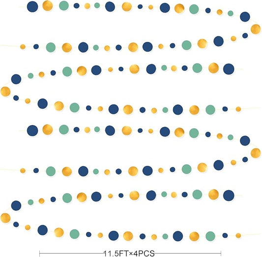 Blue Gold Green Decorations Circle Dots Garland Metallic Gold Navy Blue with Sage Green Hanging Polka Dot Streamer for Birthday Baby Shower Bridal Shower Wedding Bachelorette Engagement Party Supplies