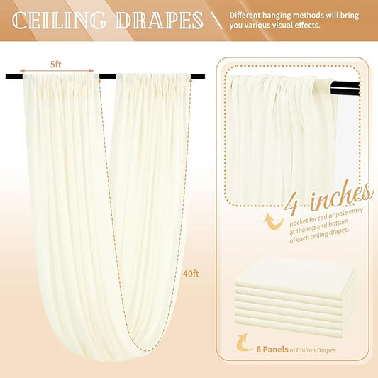 6 Panels Ivory Ceiling Drapes for Wedding 5ftx40ft Sheer Drapery Chiffon Fabric Arch Draping Curtains for Party Ceremony Birthday Baby Shower Reception Stage Ceiling Decorations