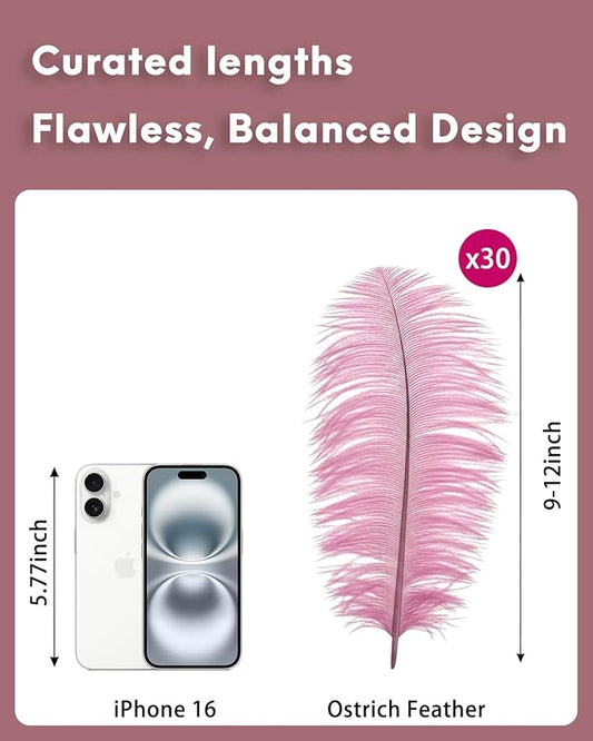 NEWONG 30pcs Peony Pink Ostrich Feathers Natural Bulk 9-12inch(23-30cm) Vase Craft Wedding Home Party Centerpieces Christmas Day Decoration