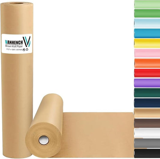 Vanhench Brown Wrapping Paper, Craft Kraft Paper 17.5"x 1200"(100') for Gift Wrapping Bulletin Board Arts & Crafts, Bouquet Flower Table Covering Poster Packing Shipping Christmas Supplies 70GSM 50LB