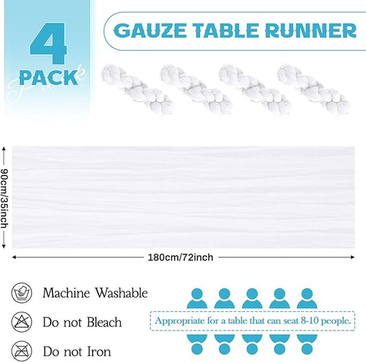 Aktor 4 Pack White Table Runner Boho Cheesecloth Table Runner Semi Sheer Gauze Fabric Runners for Wedding Birthday Baby Shower Party Boho Table Decoration（White）