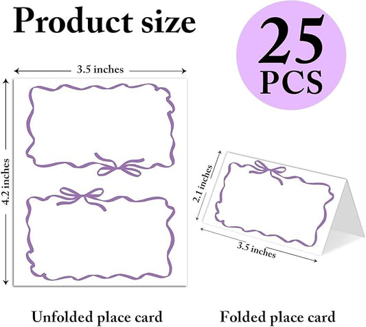 25 Pack Purple Bow Wave Place Cards, Editable Name Cards for Table Setting, Tent Cards Food Label for Dinner Party, Bridal Shower, Wedding, Baby Shower and Events -T16