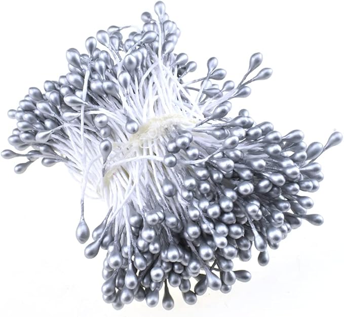 HAHIYO 700Pcs 3mm Silver Pearl Double Heads Pistil Hand-Made Artificial Pistil para Flores Pearlized Floral Stamen for Flower Making Scrapbook Decoration