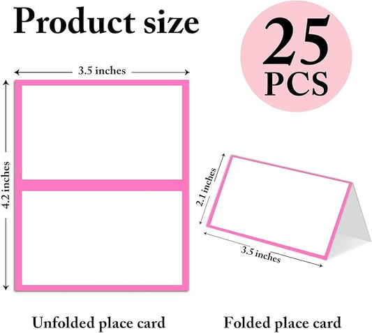 25 Pack Pink Border Place Cards, Editable Name Cards for Table Setting, Tent Cards Food Label for Dinner Party, Bridal Shower, Wedding, Baby Shower and Events -T10