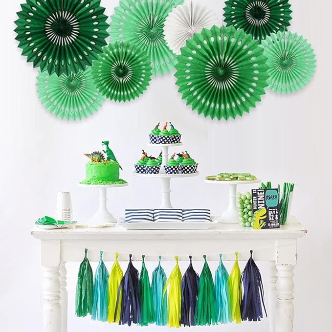 BEISHIDA Green White Party Decoration Hanging Honeycomb Round Paper Fans Kit for Theme Birthday Baby Shower Summer Forest Patrick's Irish Backdrop Party Supplies（11packs）