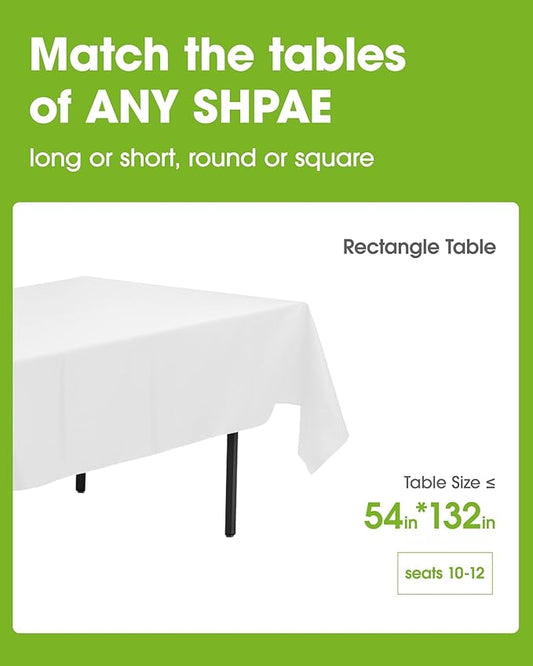 Pureegg Plastic Table Cloth Disposable 10 Pack, 54 x 132 Inch Table Cloths, Party, Picnic, Wedding, Decorative Tablecloths, Rectangle, White Plastic Cover, Leakproof & Sturdy, White