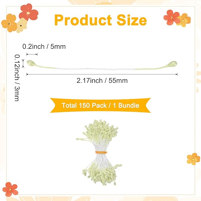 150-Pack Flower Stamens for Crafts, 5mm Double Heads Artificial Pearl Floral Pistil Mini Flower Pollens Stamens for DIY Making/Wedding/Scrapbook Decoration [Light Yellow]