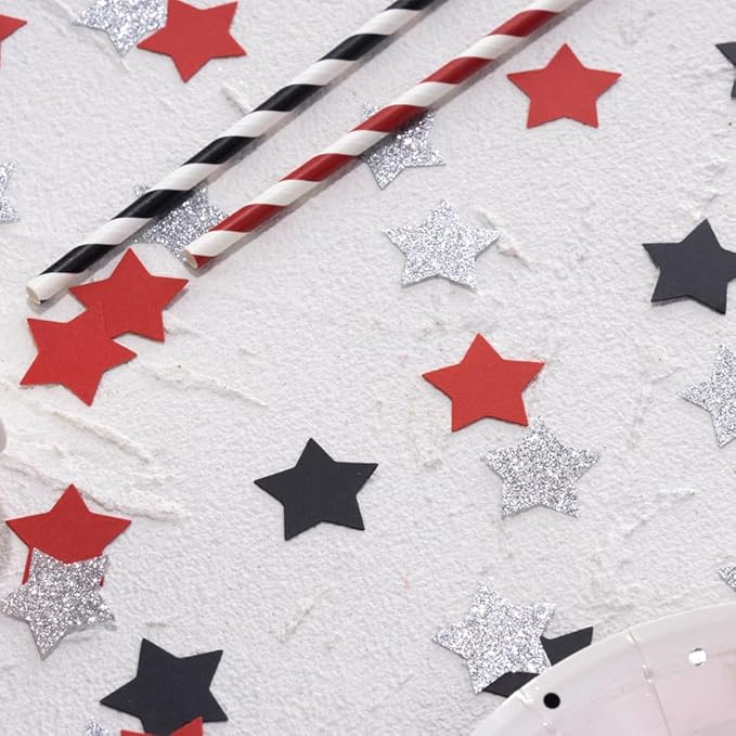 Red Black and Silver Star Confetti Table Decoration for 4th July Independence Day Graduation Retirement Patriotic Theme Party,1.2 inch in Diameter,200 Counts