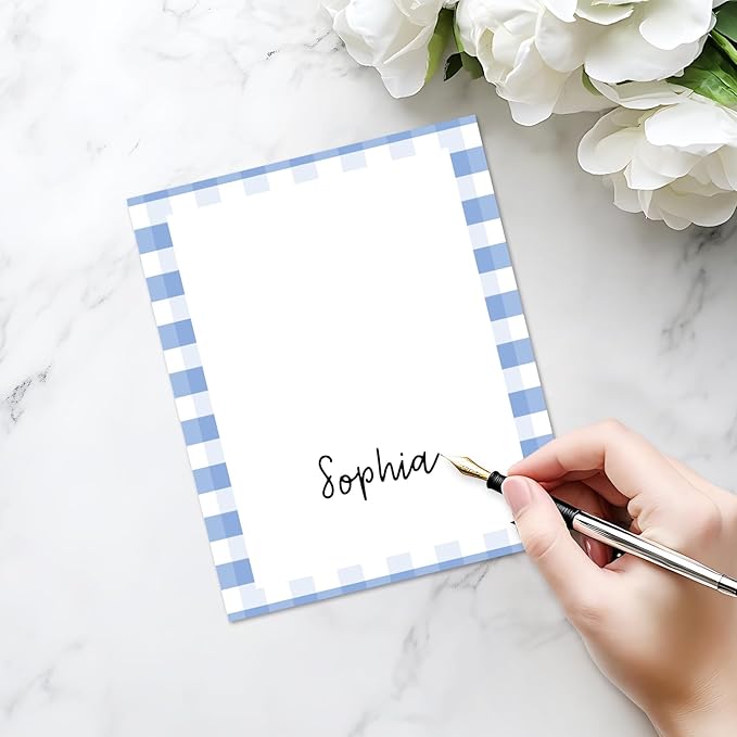 25 Pack Blue Border Place Cards, Editable Name Cards for Table Setting, Tent Cards Food Label for Dinner Party, Bridal Shower, Wedding, Baby Shower and Events -T02
