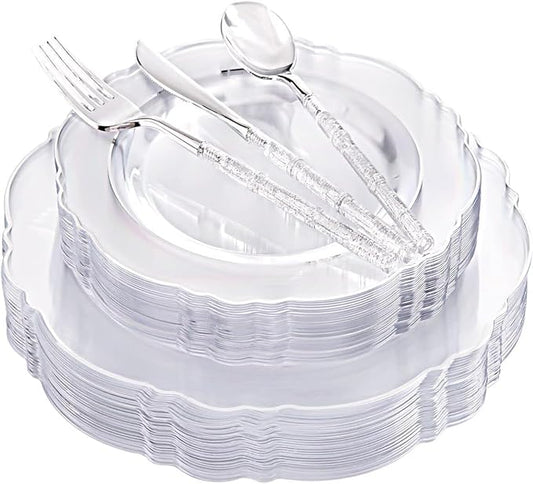 Liacere 150PCS Clear Silver Plastic Plates & Disposable Silver Plastic Silverware with Glitter Bamboo Handle Cutlery-Baroque Clear Disposable Plates for Wedding & Easter day & Mother's Day