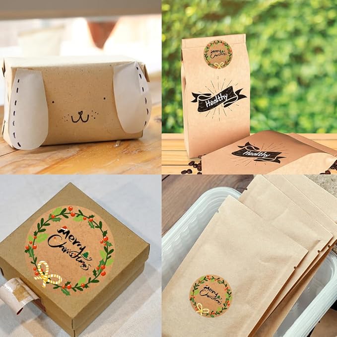 100-1000pcs Custom Stickers Merry Christmas Stickers Personalized Labels Adhesive Xmas Decorative Envelope Seals Stickers for Cards Gift Boxes(Round Kraft-12)
