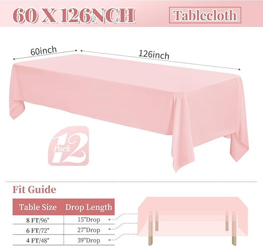12 Pack Polyester Tablecloth 60 x 126 Inch Pink Tablecloth for 8 Ft Rectangle Tables,Stain and Wrinkle Resistant Washable Fabric Table Covers Polyester Table Clothes for Wedding Parties Banque