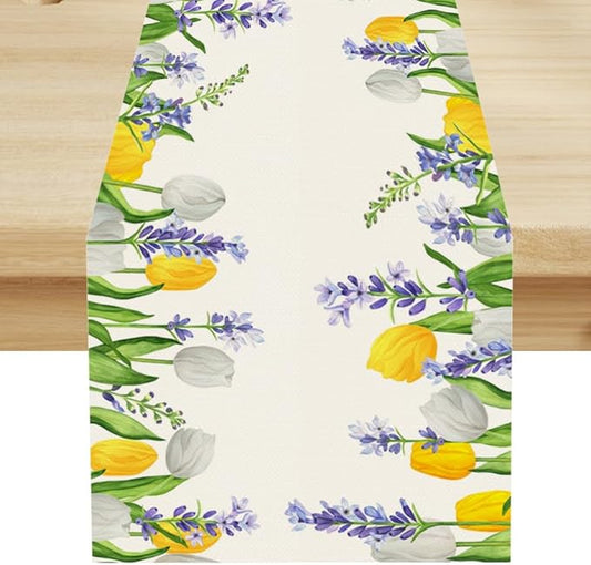 Floral Tulip Lavender Table Runner, Spring Watercolor Flower Plants Nature Butterfly Table Runner for Kitchen Dinner Living Room Home Party, 13x120 Inch
