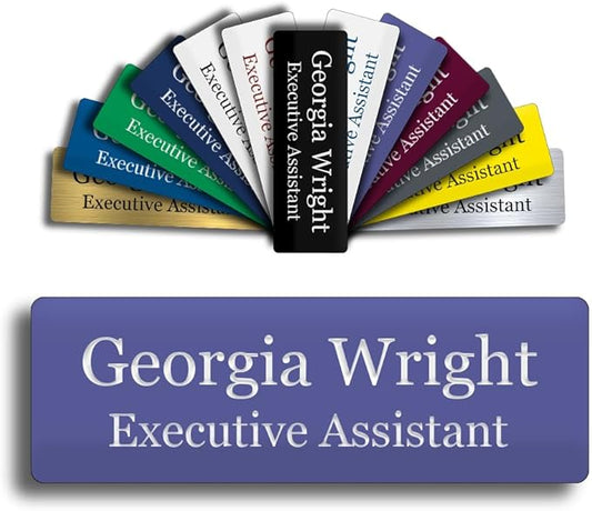 Custom Engraved Name Tag 1" x 3" Personalized Badge Magnetic or Pin Backing Made in The USA by Gem Awards (Purple)
