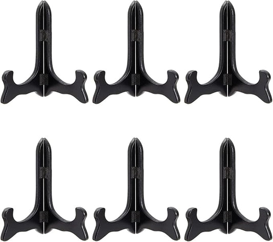 Juvale 6-Pack Wooden Plate Stands for Display - 6-Inch Black Compact Tabletop Wood Easels - Lightweight & Sturdy Plate Holder Stands for Photos & Artwork