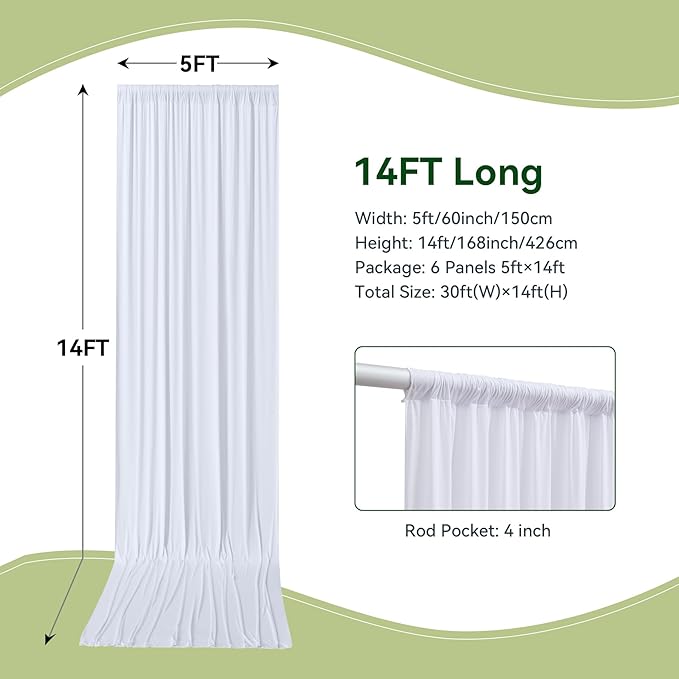 30×14 ft White Wrinkle Free Backdrop Curtain, Soft Silky Polyester Wedding Drapes 6 Panels 14ft Height Photo Backdrop Curtains for Parties Birthday Baby Shower Photography Background Cloth