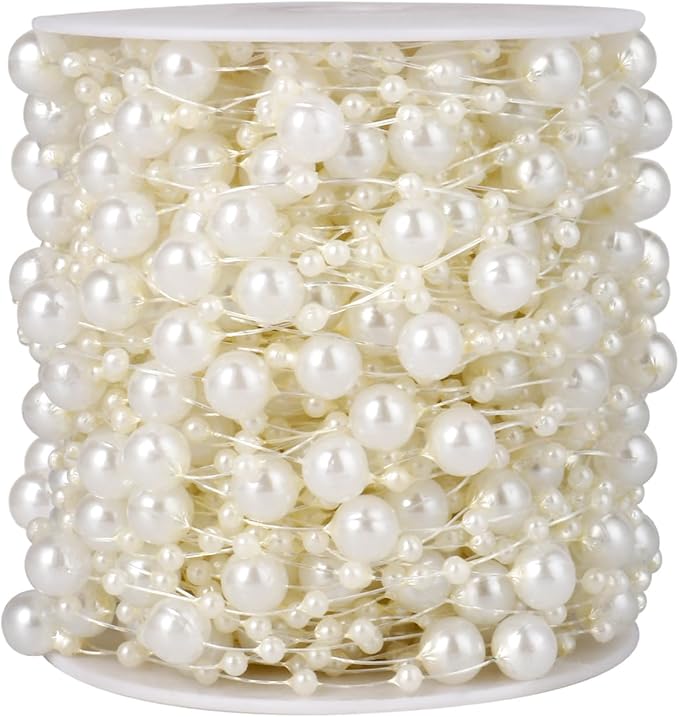 98FT Pearl Beads String Garland, 8mm 3mm Ivory Faux Pearl Beads Roll Strand Bulk for Wedding Party Flower Christmas Decoration DIY Craft