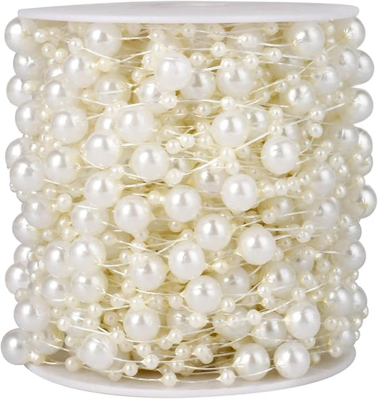 98FT Pearl Beads String Garland, 8mm 3mm Ivory Faux Pearl Beads Roll Strand Bulk for Wedding Party Flower Christmas Decoration DIY Craft