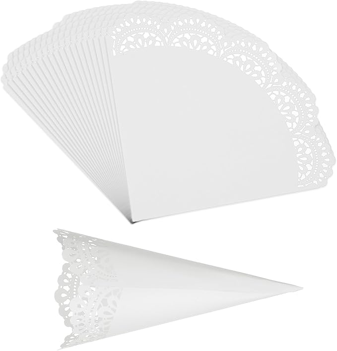 PATIKIL Wedding Confetti Cones, 50 Pcs Paper Tapers Hollow Print Lace Cone Bouquet for Party Candy Gift Boxes Chocolate Bags Buffet Bachelor Party Petals, White
