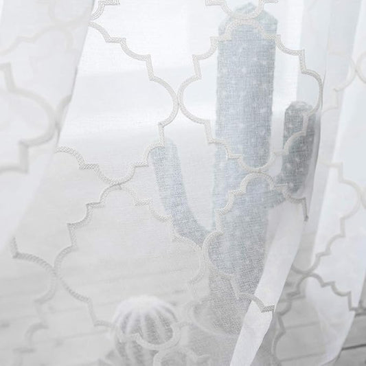 White Sheer Curtains 84 Inches Long, Rod Pocket Sheer Drapes for Living room, Bedroom, 2 Panels, 52"x84", Embroidered Moroccan Tile Lattice Design Semi Voile Window Treatments for Yard, Patio, Villa.
