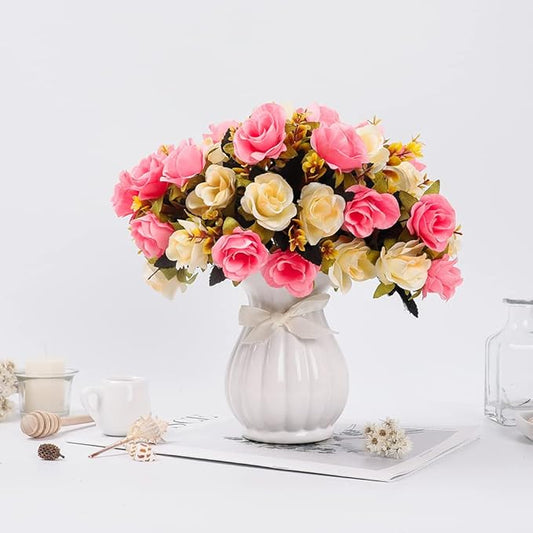 LESING Artificial Fake Flowers with Vase Silk Artificial Roses Wedding Flowers Bouquets Home Office Party Meeting Room Decoration (Pink-1)