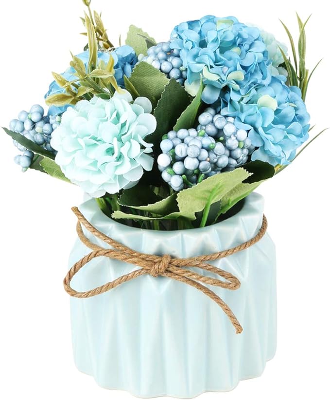 Artificial Hydrangea Bouquet with Small Ceramic Vase Fake Silk Variety Flower Balls Flowers Decoration for Table Home Party Office Wedding (White)