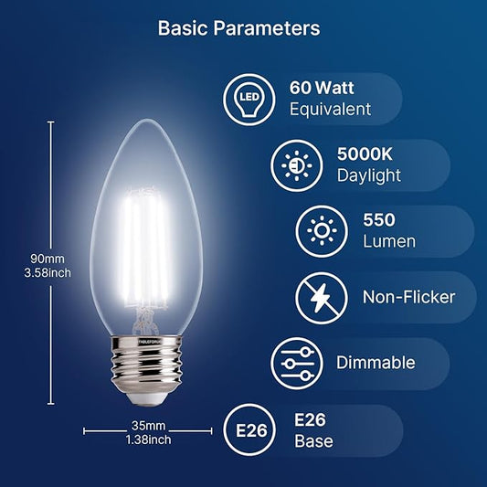 FLSNT Dimmable LED Candelabra Bulbs, 60W Equivalent LED Chandelier Light Bulbs, 5000K Daylight, E26 Base, 550LM, 6 Pack UL,CA65 Listed.