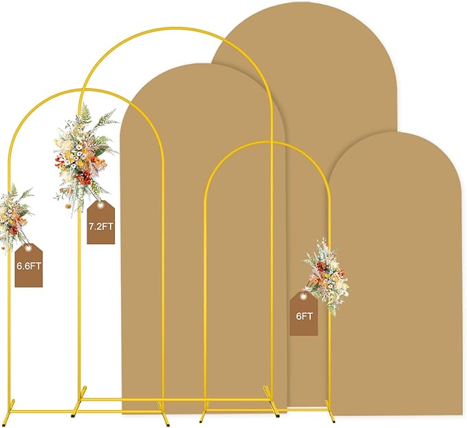 MODFUNS Arch Backdrop Stand and Cover Set 6&6.6&7.2ft Khaki Arch Backdrop Covers Set of 3 Gold Arch Frame Spandex Arched Covers for Party Birthday Banquet Wedding Ceremony Decoration