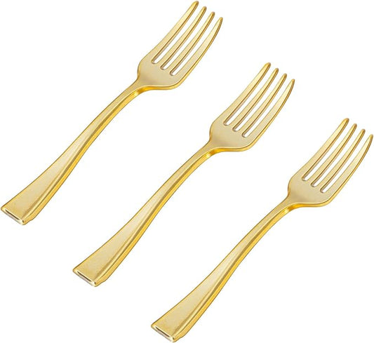 N9R 300PCS Gold Plastic Mini Forks, 4 Inches – Heavy Duty Disposable Cocktail, Dessert & Appetizer Forks, Elegant Party Serving Utensils for Tastings, Finger Foods, Weddings, Events
