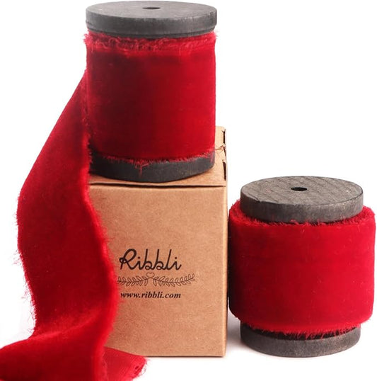 Ribbli Red Velvet Ribbon 1.5 Inch Handmade Frayed Vintage Christmas Ribbon for Gift Wrapping Christmas Tree Ornament Wreath Craft Home Decor -Total 3 Yards with Wooden Spool