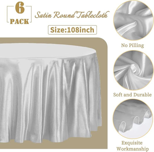 fani 6 Pack 108 Inch Sliver Round Tablecloth - Premium Silky Satin Tablecloth Overlay Smooth Fabric Table Cover Linens, Table Decoration for Wedding Party Banquet Events Restaurant Kitchen Dining