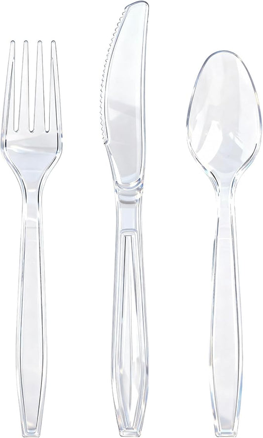400 Count Heavy Duty Clear Plastic Silverware, 160 Forks, 160 Spoons, 80 Knives, BPA-Free and Heat Resistant, Disposable Cutlery set, Premium Clear Utencils for Party and Daily Use