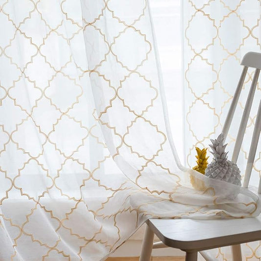 Embroidered Moroccan Tile Lattice Design Gold Sheer Curtains 84 Inch Long, Rod Pocket Sheer Drapes for Living room, Bedroom, 2 Panels, 52"x84", Semi Voile Window Treatments for Yard, Villa, Parlor.