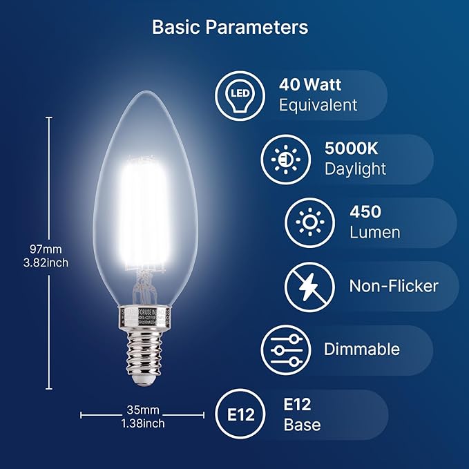 FLSNT 24 Pack Dimmable LED Candelabra Bulbs, 40W Equivalent LED Chandelier Light Bulbs, E12 Base, 5000K Daylight